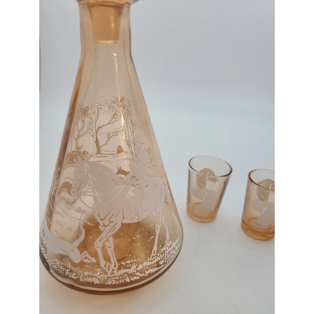 Vintage Amber Decanter With 3 Shot Glasses, Hunting Scene. Made In France